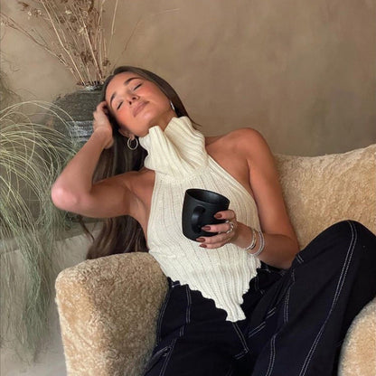 Sexy Backless Solid Color Turtleneck Irregular Knitted Vest