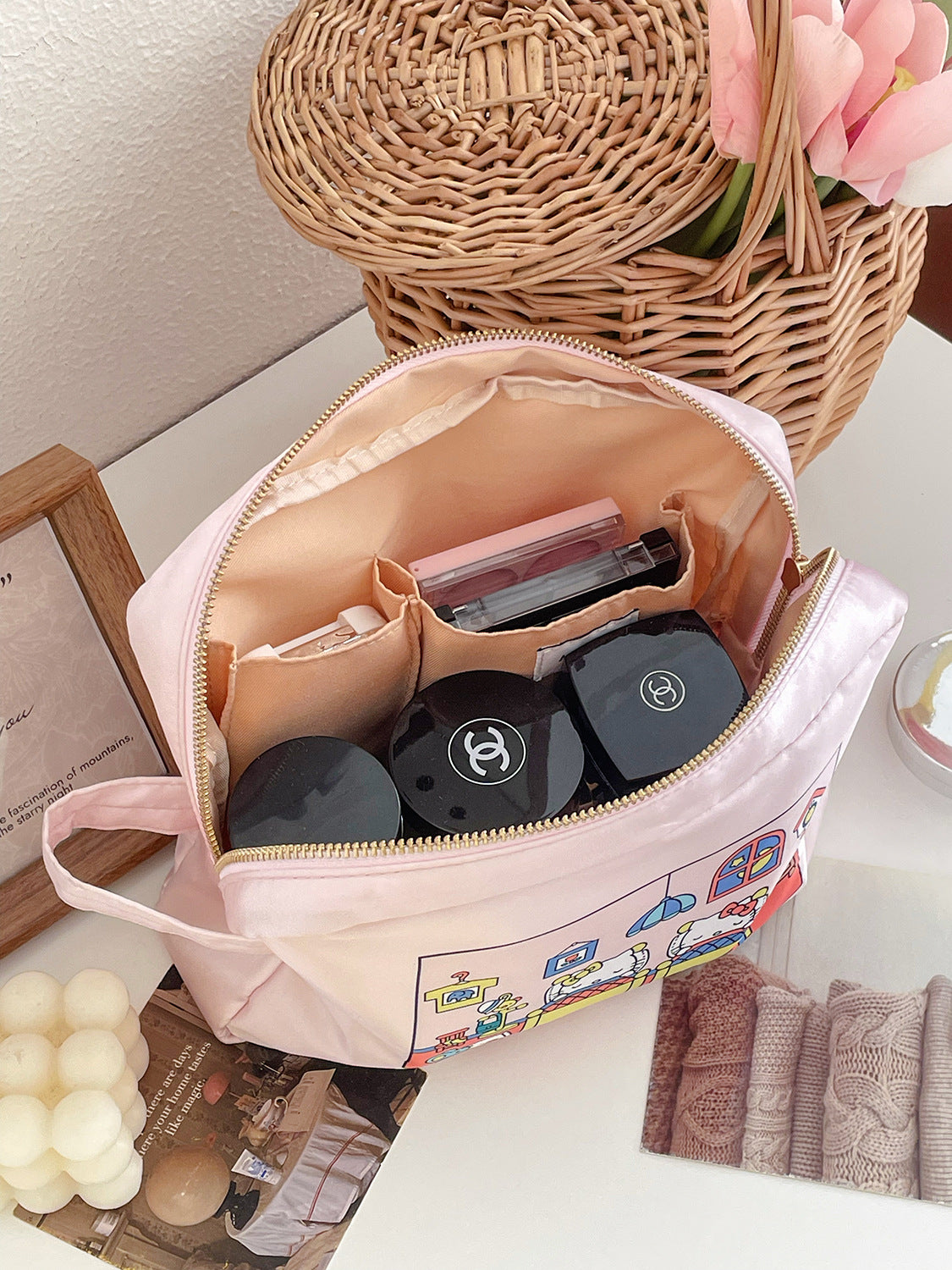 Cat Print Satin Cosmetic Bag Cute Cartoon Travel Organizer