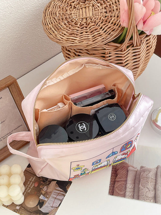 Cat Print Satin Cosmetic Bag Cute Cartoon Travel Organizer