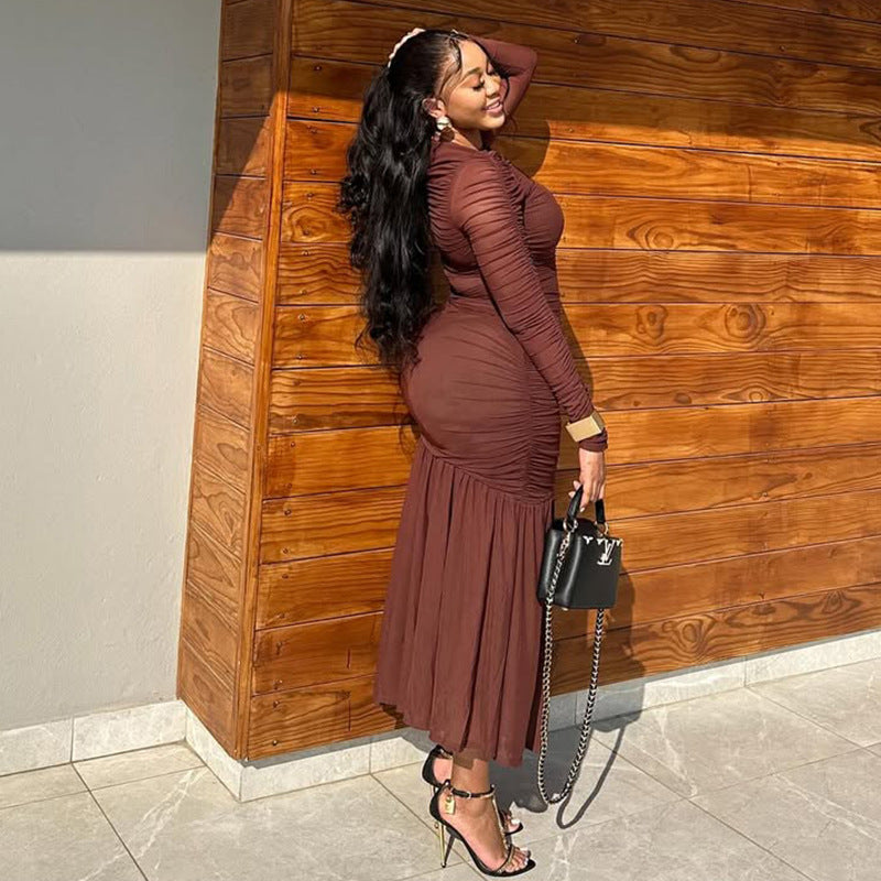 Elegant High Neck Long Sleeve Midi Dress