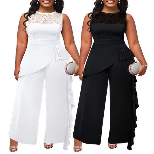 Plus Size Women'S Solid Color Lace Trim Wide Leg Jumpsuit