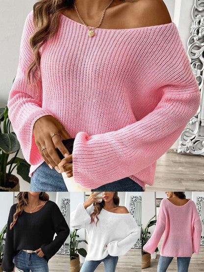 Women'S Off-Shoulder Pullover Sweater With Flare Sleeves