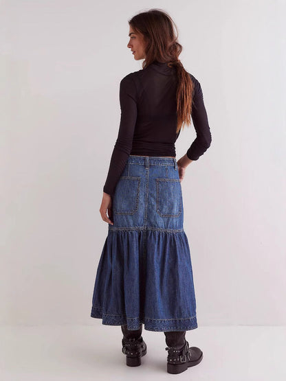High-Waisted A-Line Denim Skirt Casual Vintage Style