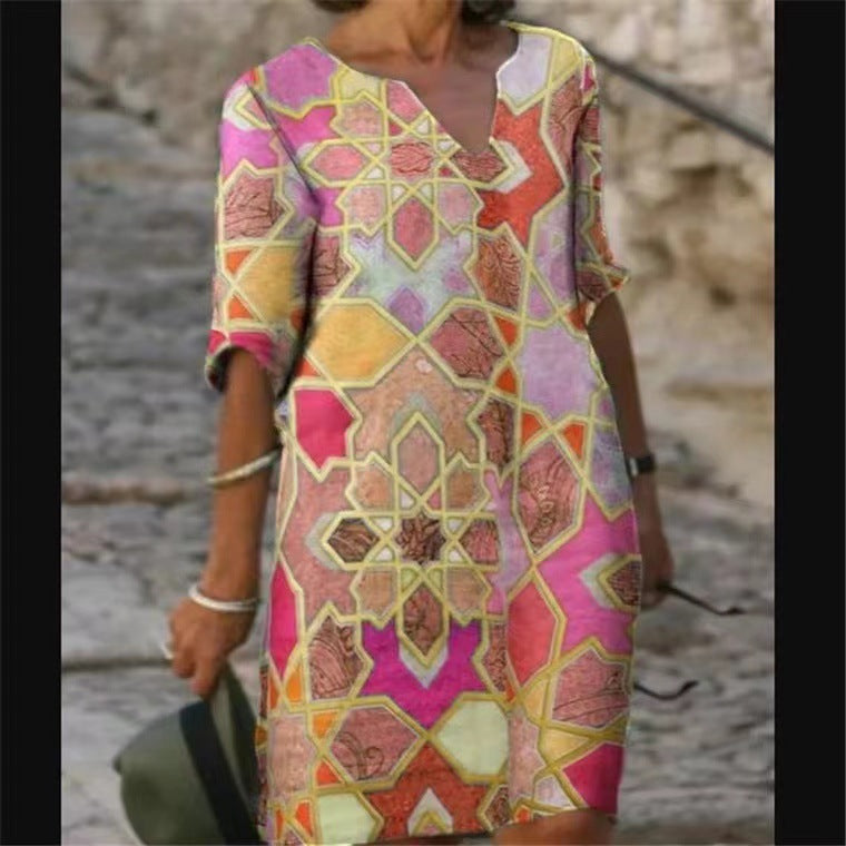 Abstract Print V-Neck A-Line Dress Comfortable Casual Fashion