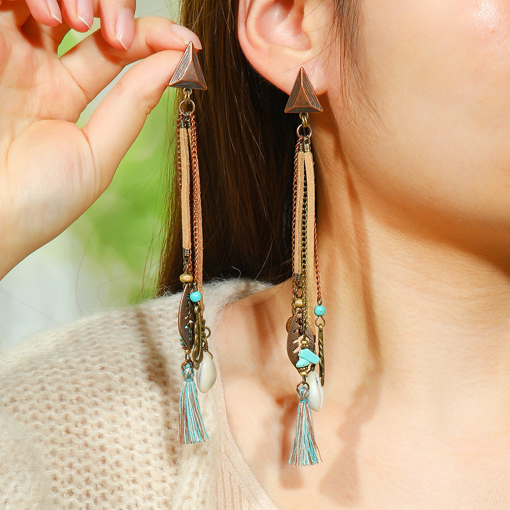 Trendy Long Tassel Earrings with Shell and Leaf Design