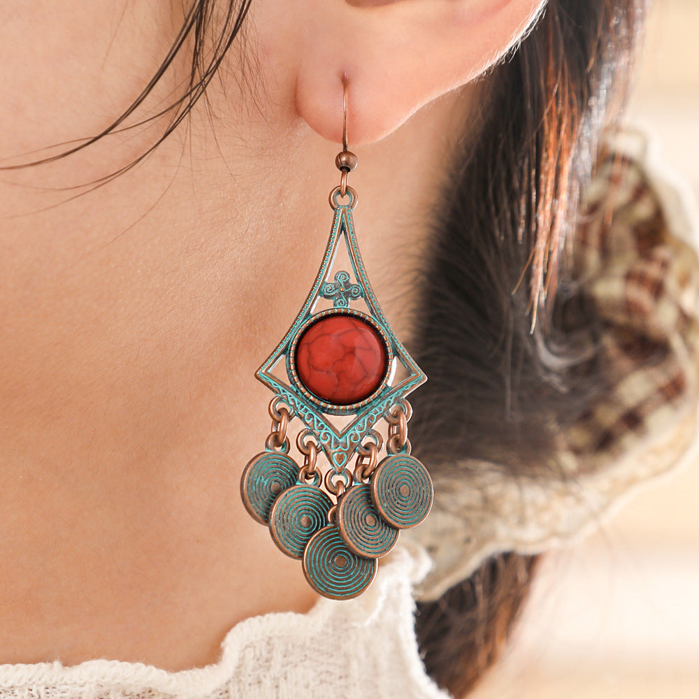 Bohemian Vintage Geometric Copper Tassel Earrings