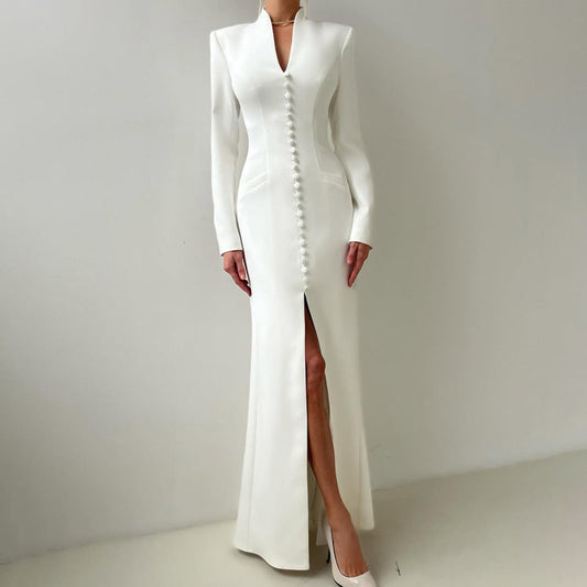Elegant V-Neck Long Sleeve High Waist Split Midi Dress