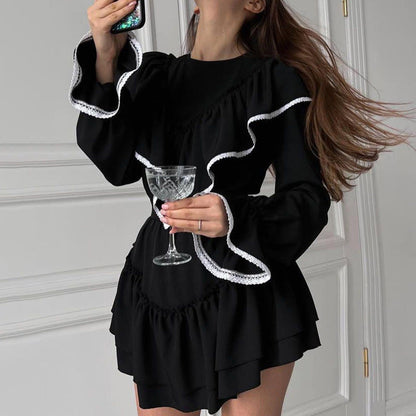 Elegant Black Ruffle Hem A-Line Dress with Bell Sleeves