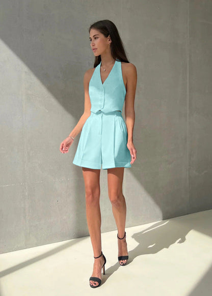 Tailored Halter Vest And Pleated Shorts Set Polyester Blend