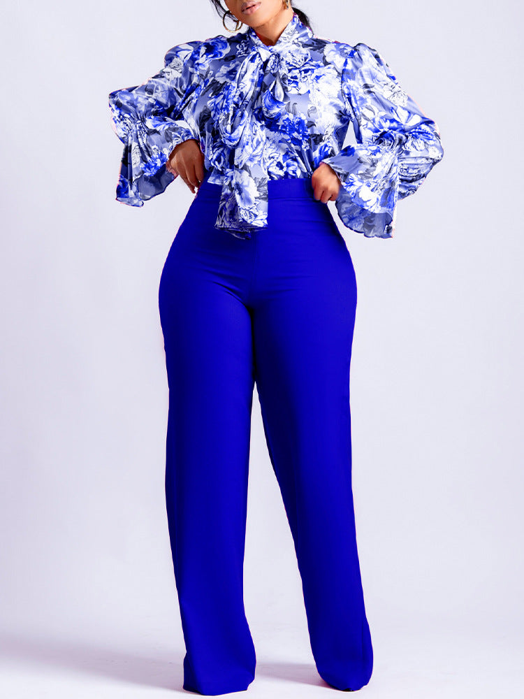 Casual Long Sleeve Floral Shirt And Wide Leg Pants Set