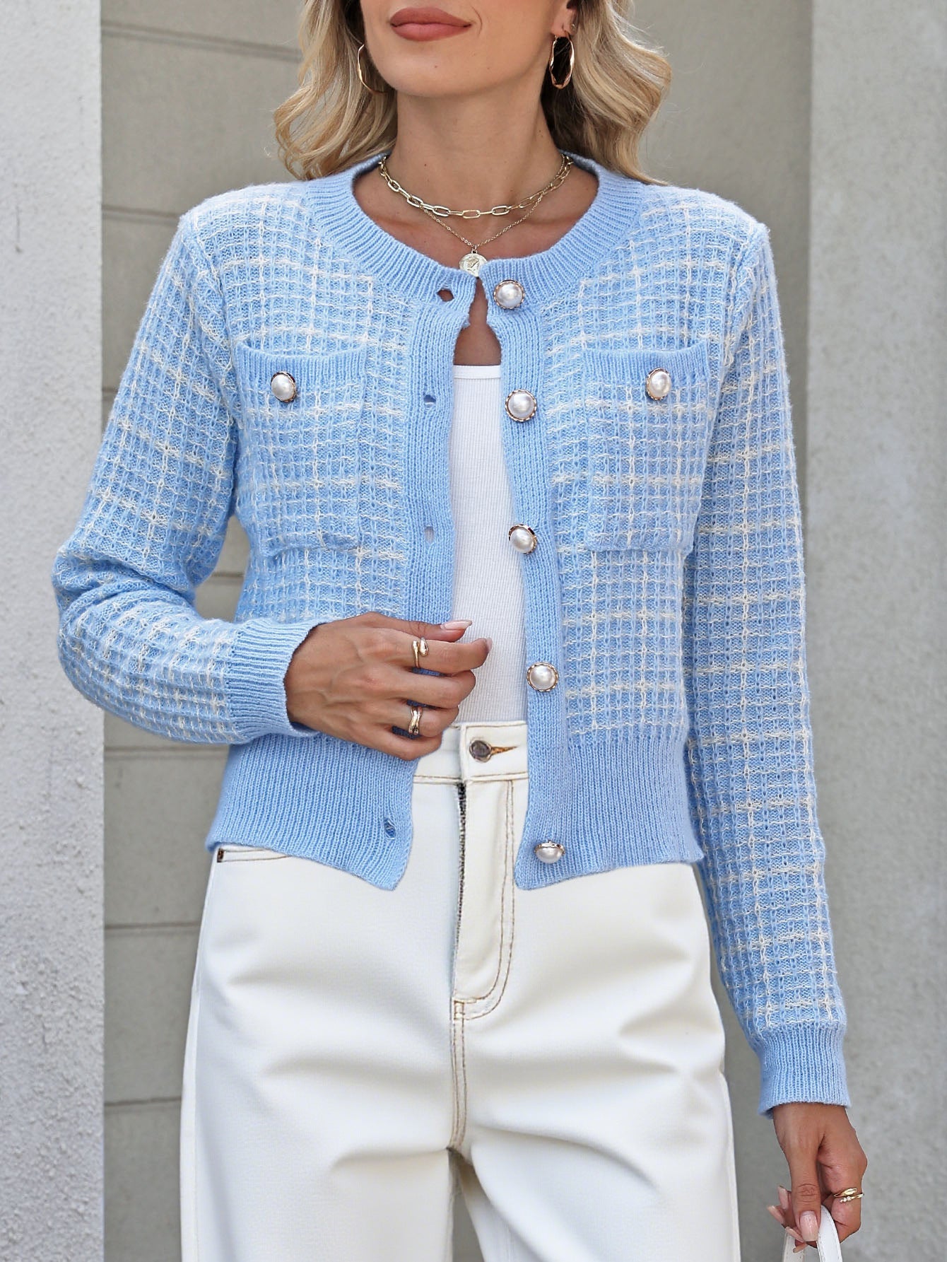Checkered Knit Cardigan With Pearl Buttons For Women