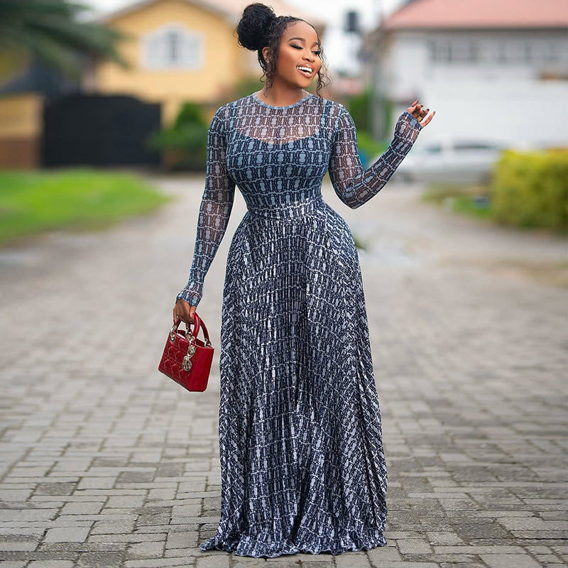 Summer Casual A-Line Dress With Print And Long Sleeves