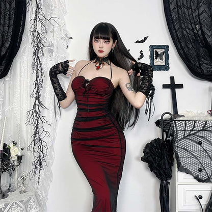 Black Red Halter Maxi Dress Unique Goth Style