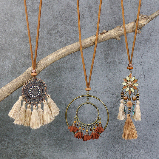 Bohemian Long Pendant Necklace with Tassels and Floral Design