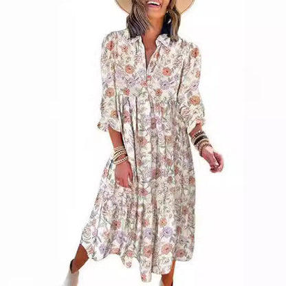 New Casual Loose Long-Sleeved V-Neck Women'S Bohemian Floral Elegant A-Shaped Dress