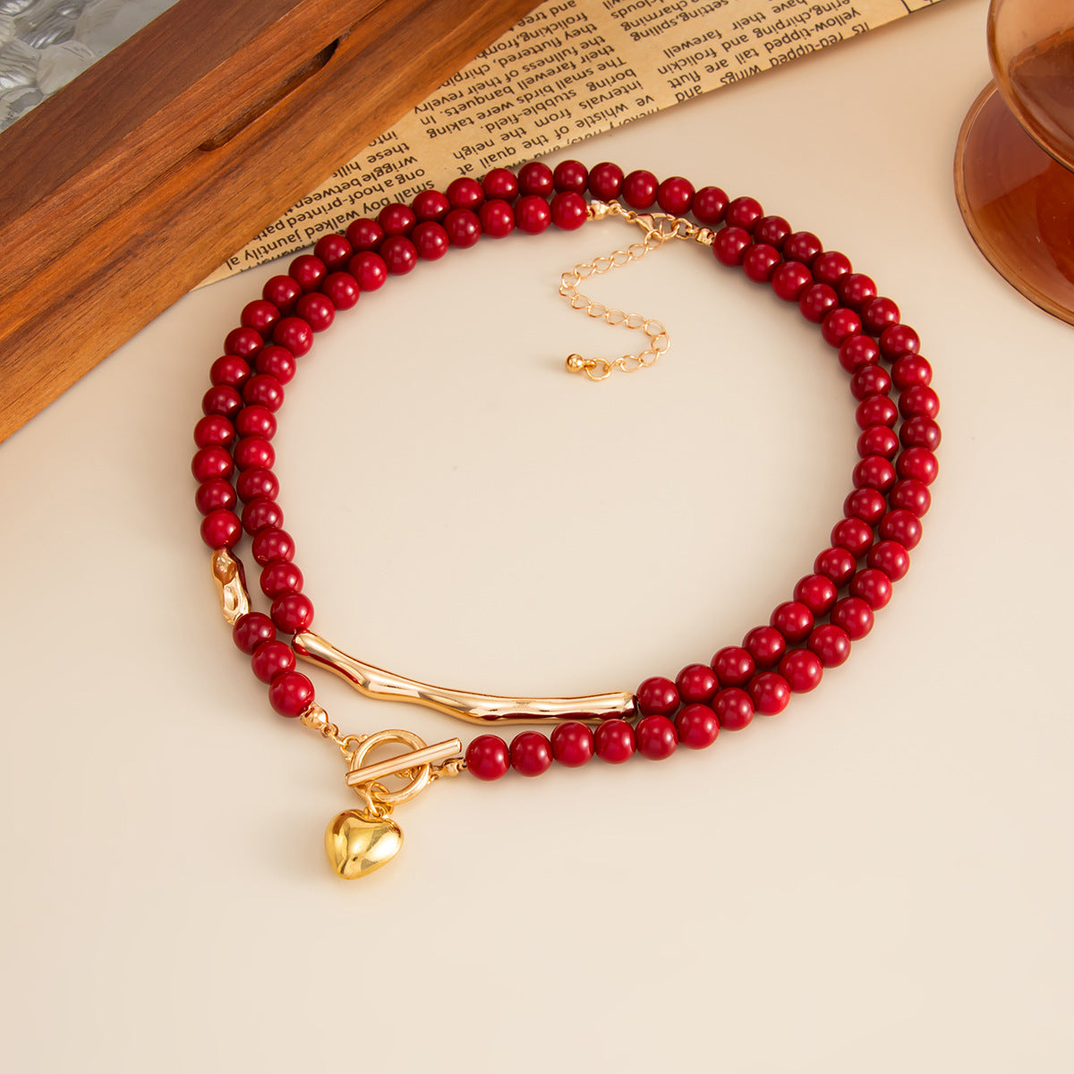 Vintage Red Acrylic Beaded Tube Necklace With Heart Pendant