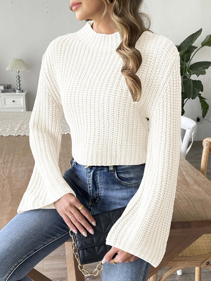 Women'S Short Cropped Knit Sweater With Half High Neck And Flared Sleeves
