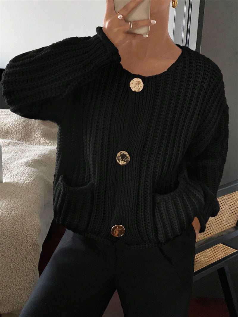 Round Neck Loose Long Sleeve Knit Cardigan