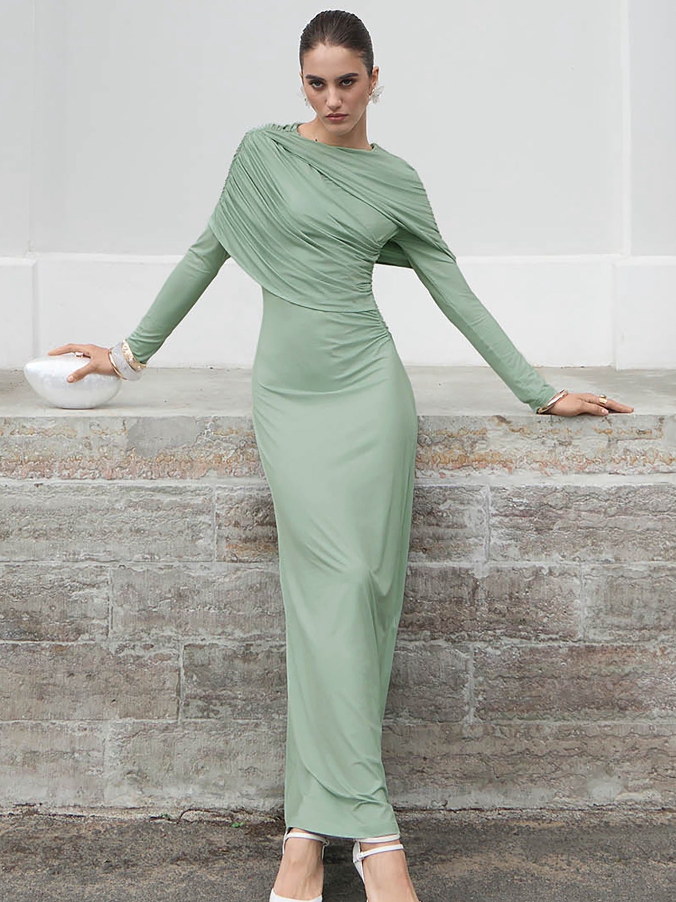 Elegant Solid Color Long Sleeve Dress with Ruched Design