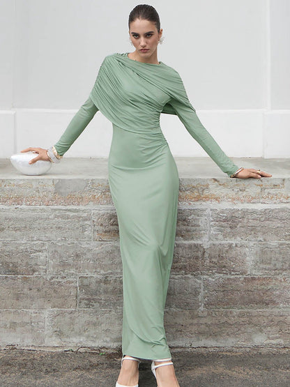 Elegant Solid Color Long Sleeve Dress with Ruched Design
