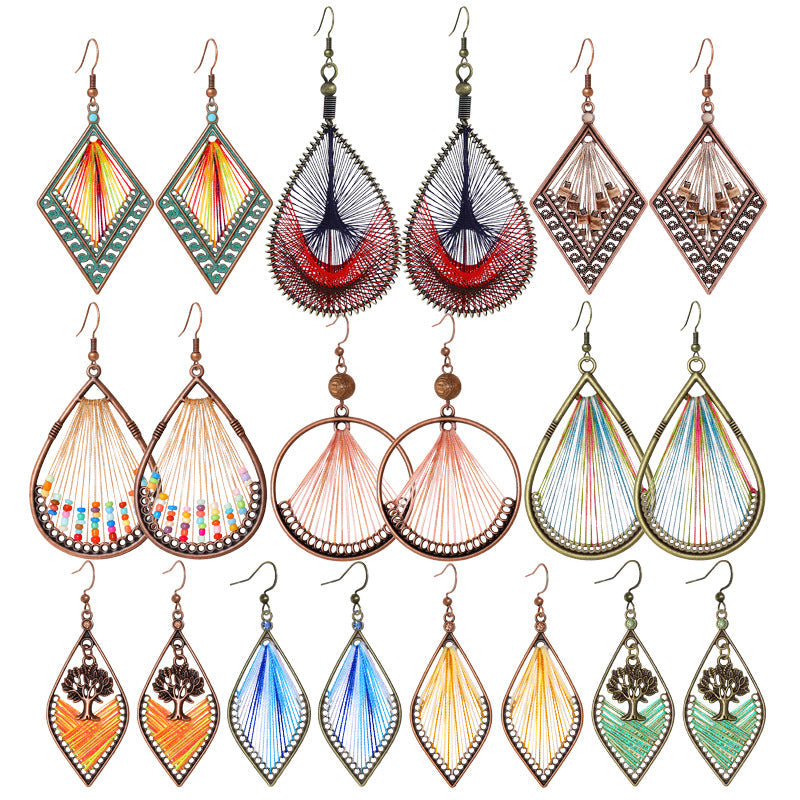 Bohemian Handcrafted Wire Earrings Colorful Thread Weaving Statement Dangle Earrings