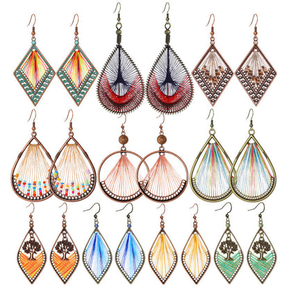 Bohemian Handcrafted Wire Earrings Colorful Thread Weaving Statement Dangle Earrings