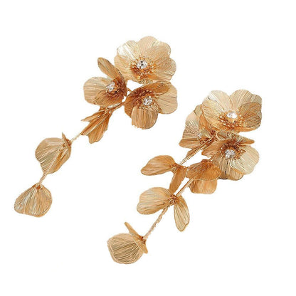 Elegant Golden Flower Headpiece with Earrings for Weddings