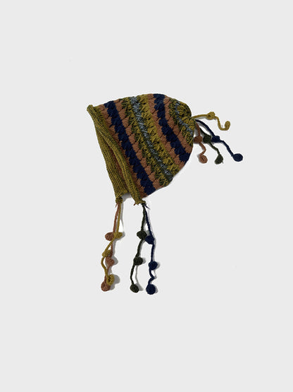 Vintage Tassel Pom Ear Flap Beanie Knit Hat