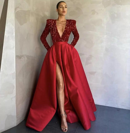 Sequined V-Neck A-Line Maxi Dress with Long Sleeves