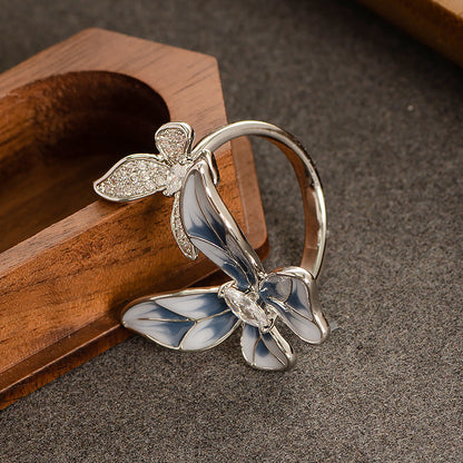 French-Inspired Adjustable Butterfly Open Ring With Zircon Stone