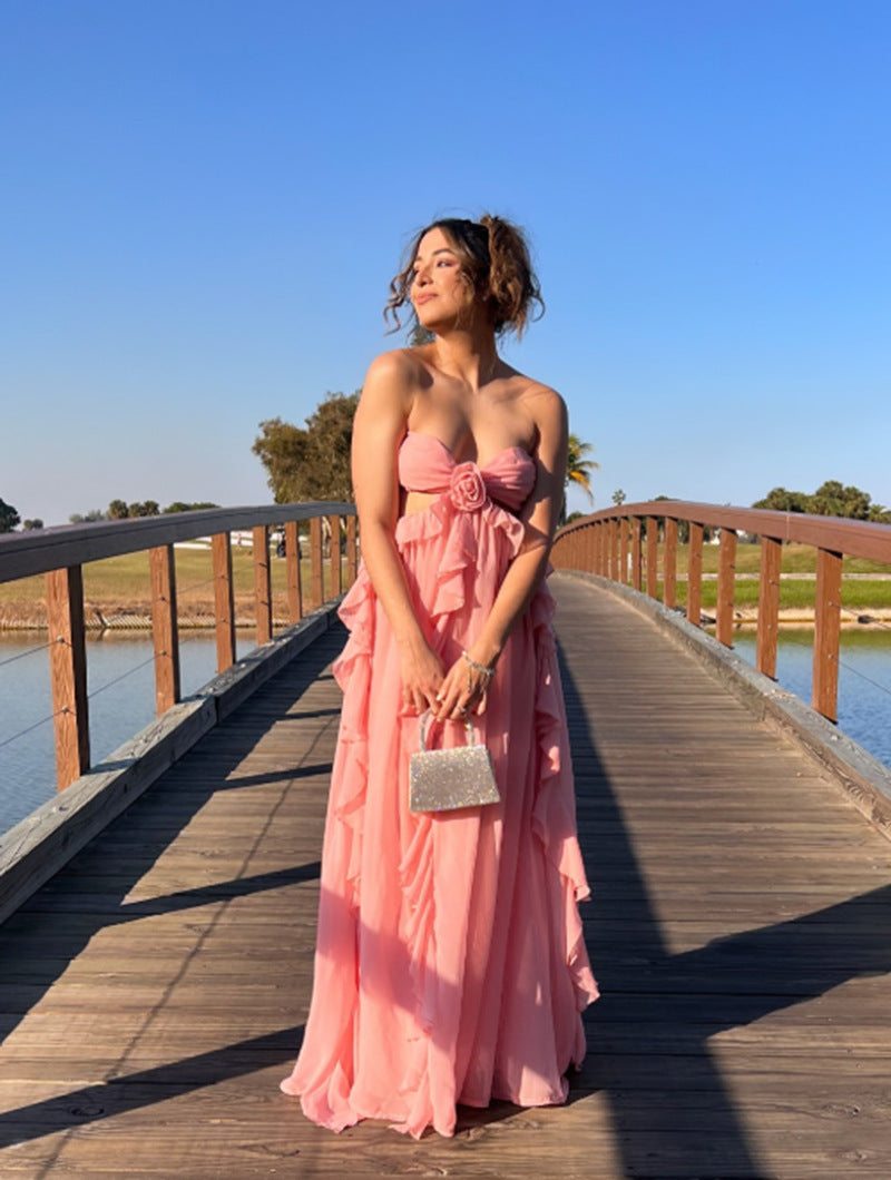 Elegant Ruffled Strapless Chiffon Maxi Dress