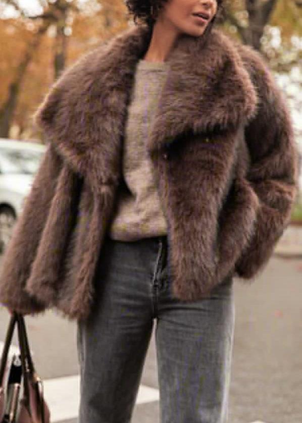 Faux Fur Jacket Plush Texture Dark Brown