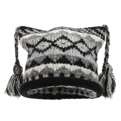 Boho Colorful Braided Tassel Knit Beanie Hat