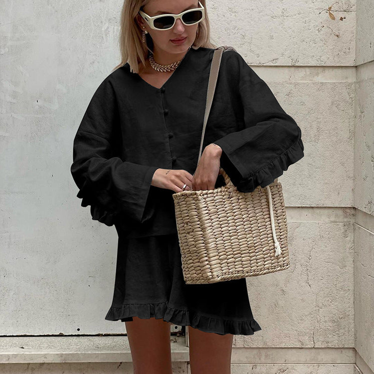 Summer Casual Two-Piece Set Beige Long Sleeve Shirt and High Waist Shorts