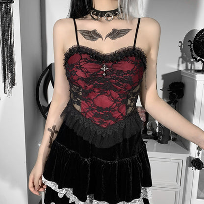 Dark Gothic Lace Cami Top with Cross Design