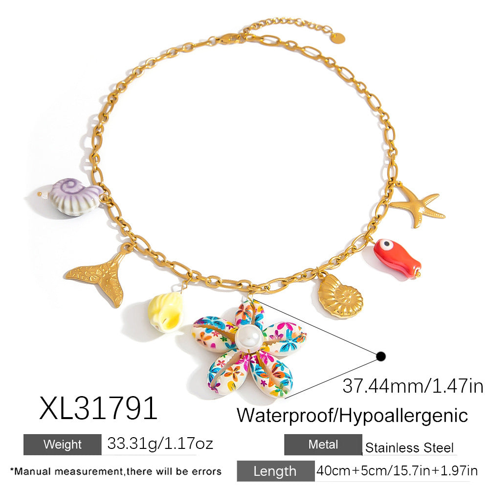 Ocean-Inspired Stainless Steel Necklace with Flower Pendant
