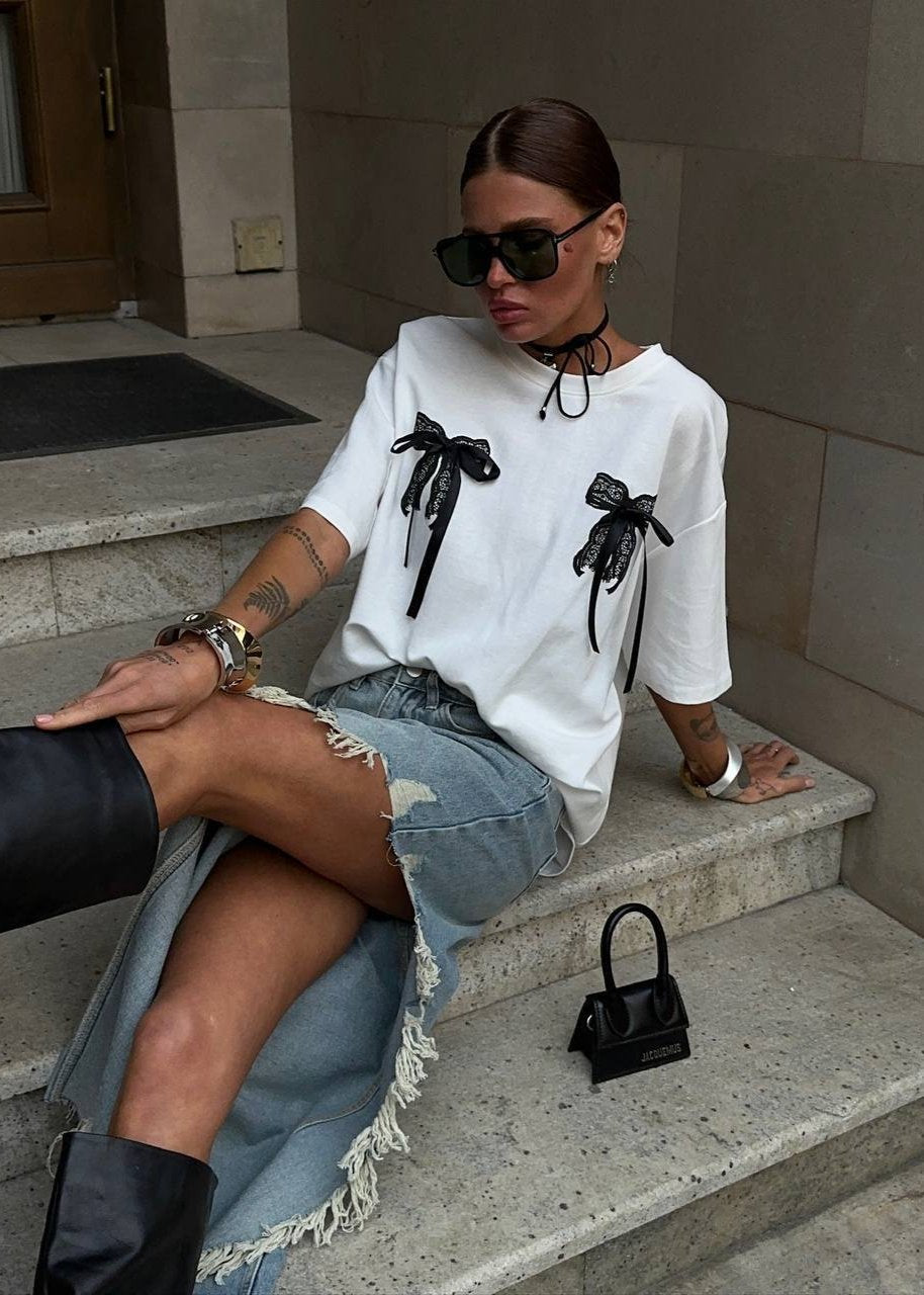Oversized Cotton T Shirt With Lace Bow Details