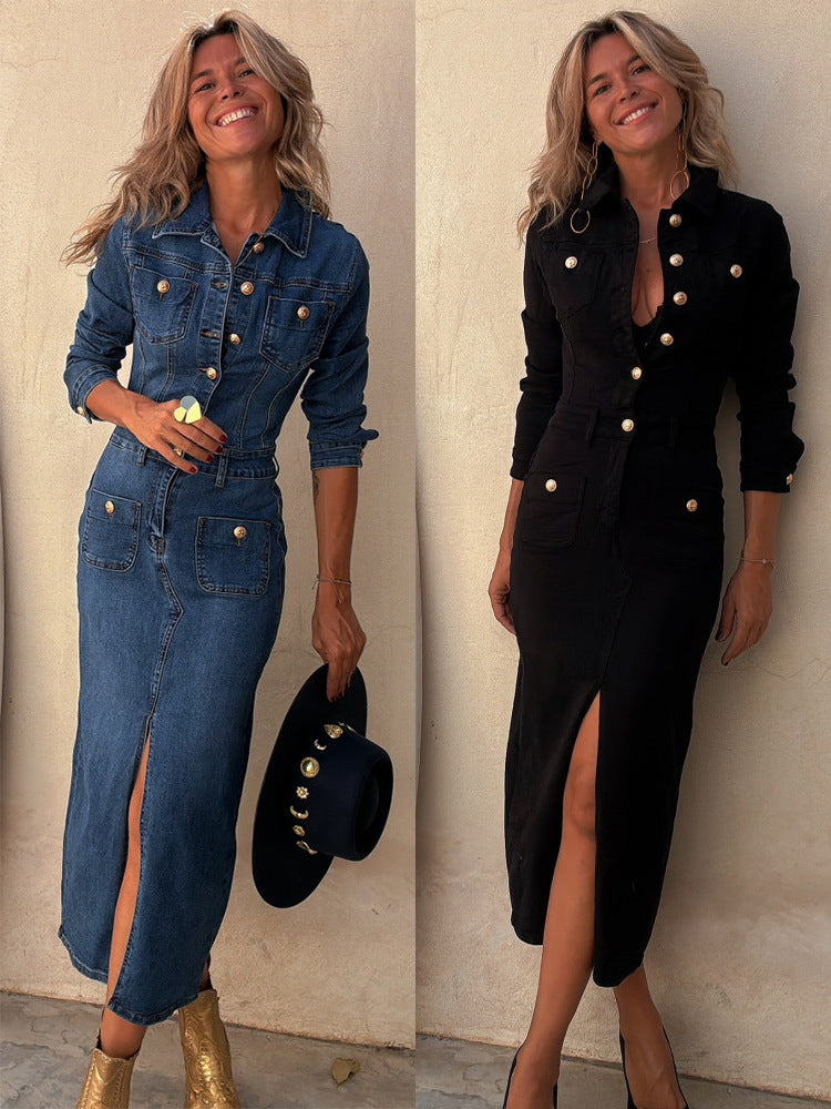 Casual A-Line Long Sleeve Denim Dress with Pockets