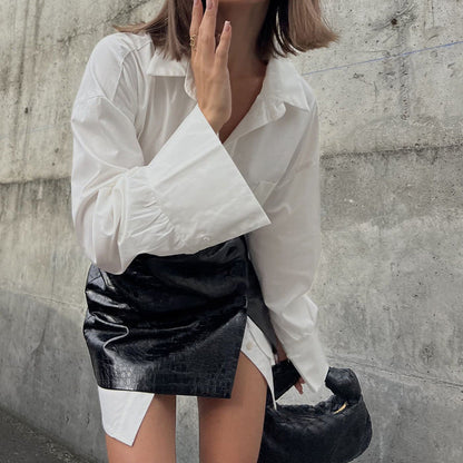 Trendy White Shirt Skirt Set With Belt