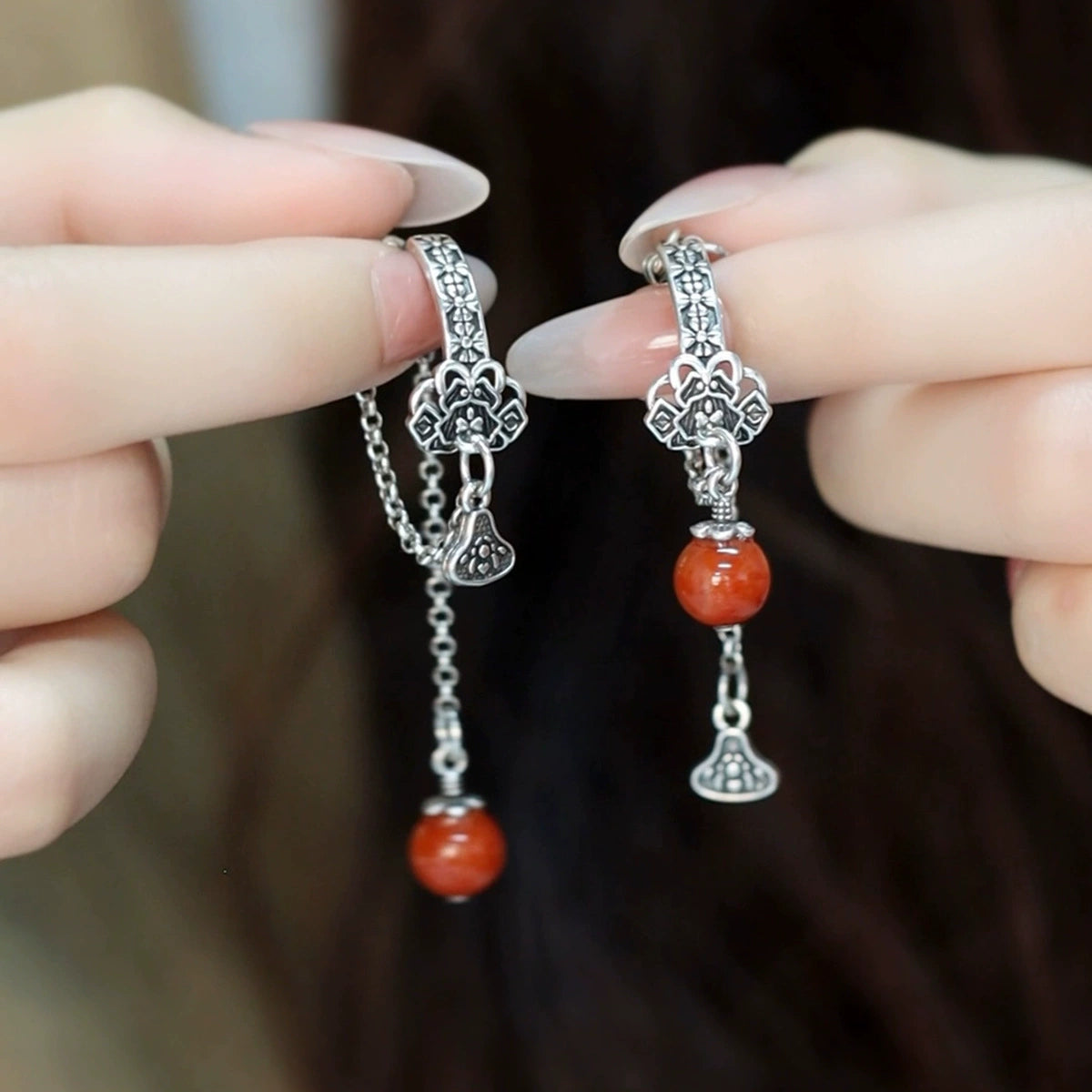 925 Silver Retro New Tibetan Style Tassel Asymmetric Earrings Women'S Niche Design