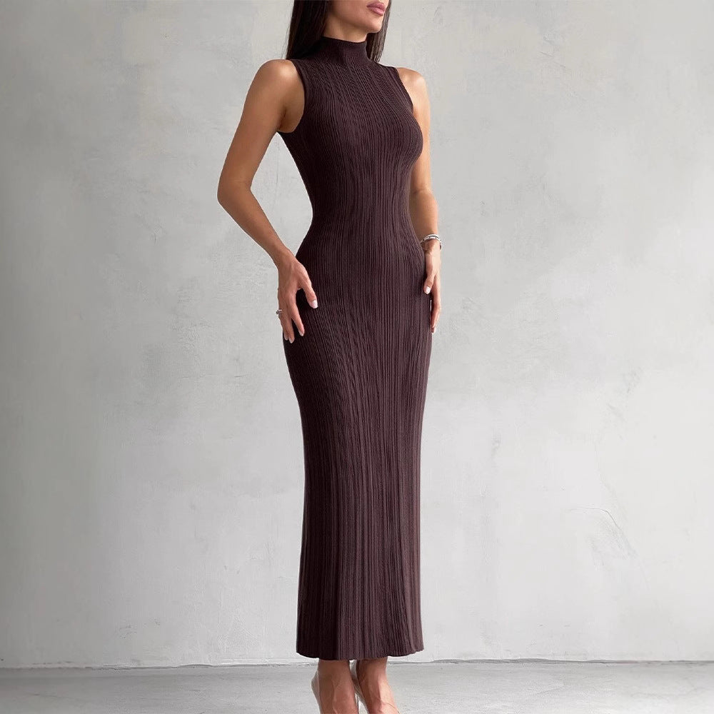 Solid Color High Neck Slim Maxi Dress