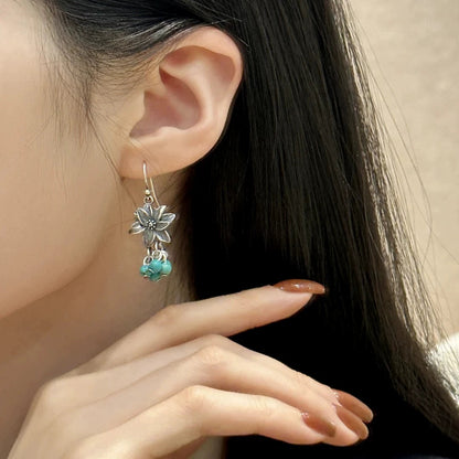 925 Silver Retro New Tibetan Lotus Fringed Turquoise Earrings Women'S Ethnic Style Old Niche Design High Sense
