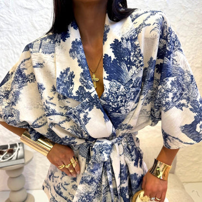 Trendy Casual Floral Print Two-Piece Set with Tie Detail