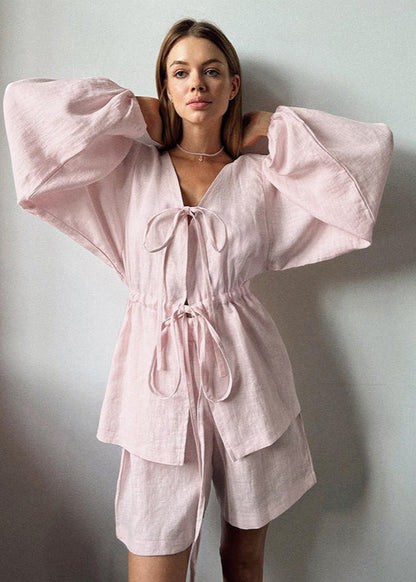 Linen Two Piece Set with Bell Sleeves in Coral
