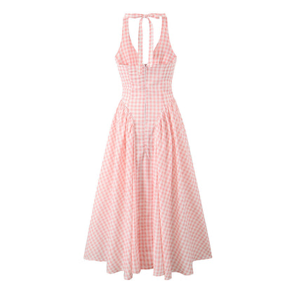 Sexy V-Neck Halter Plaid Maxi Dress