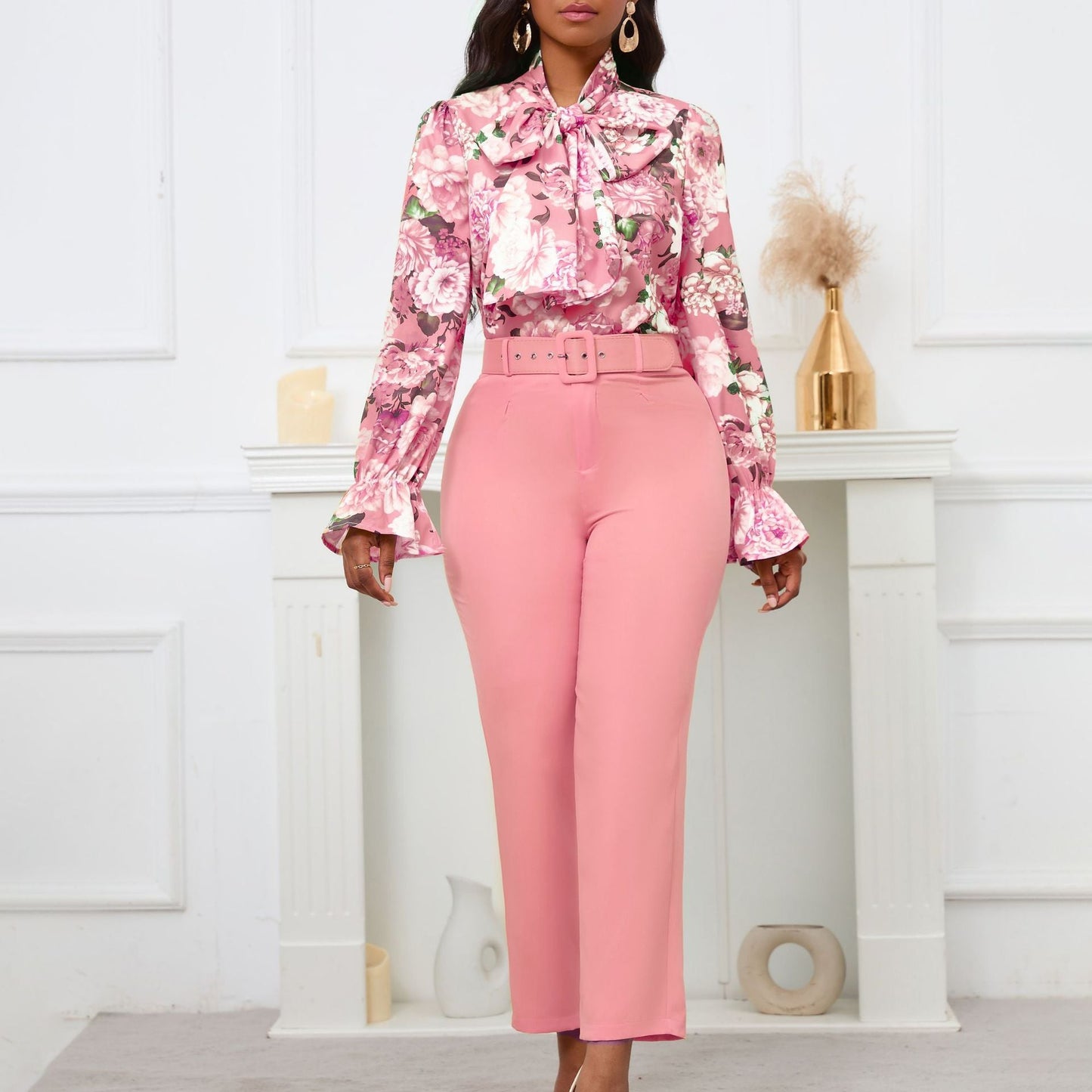 Fashion Floral Long Sleeve Top And High Waist Pants Set