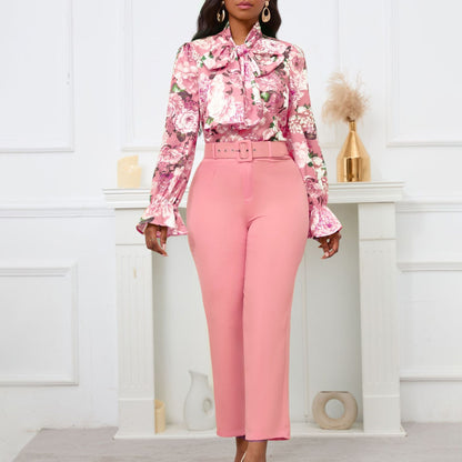Fashion Floral Long Sleeve Top And High Waist Pants Set