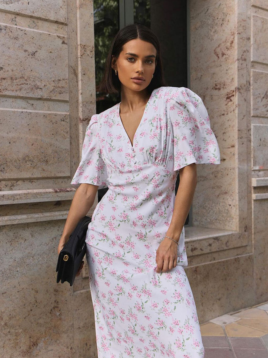 Floral Maxi Dress V-Neck Short Sleeve Elegant Casual