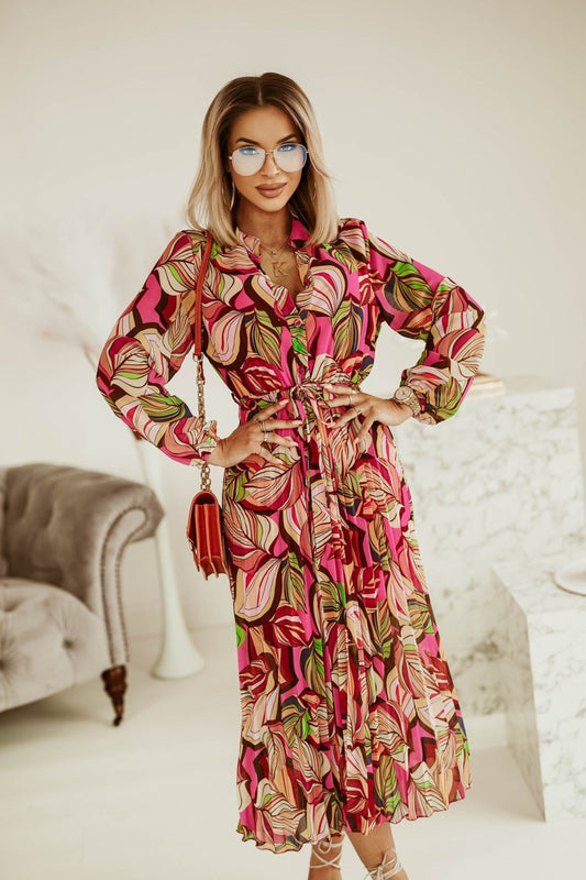 New V-Neck Long Sleeves With A Lace-Up Pleated Dress