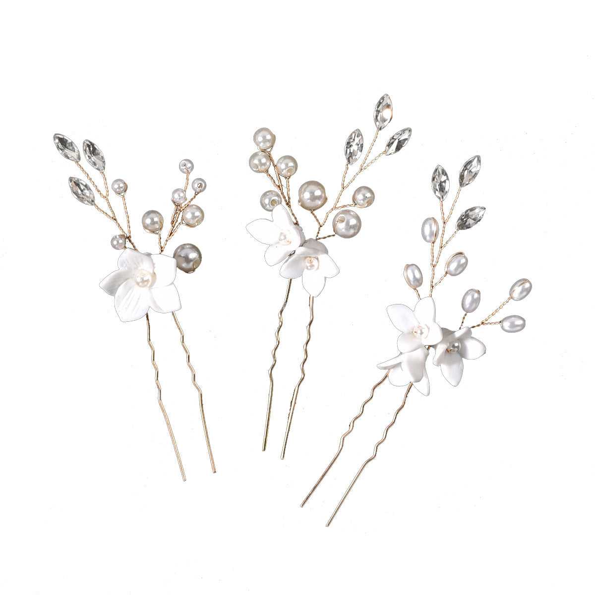 Bridal Wedding Hair Accessories Set of 3 White Floral U-Shaped Hair Pins